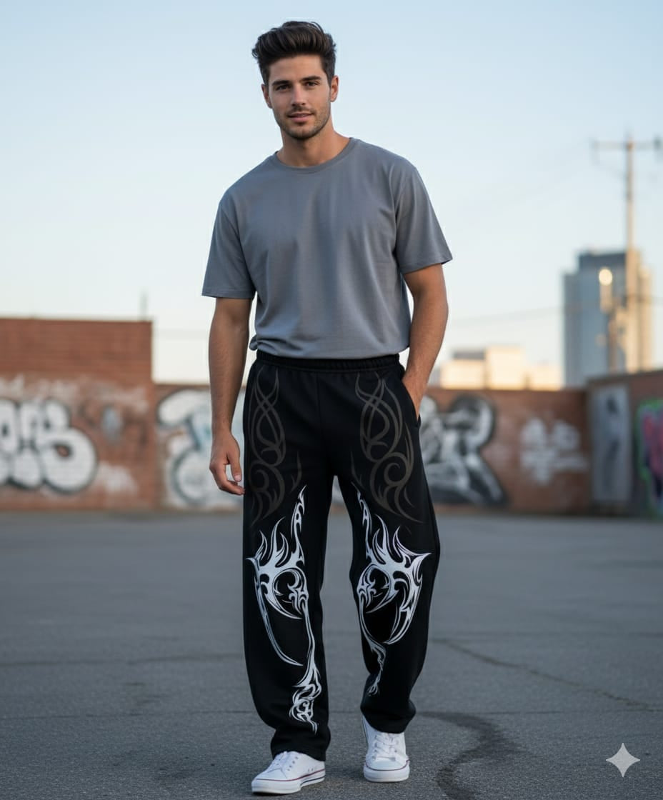 Unisex Black Baggy Fully Flame Veliin Trouser