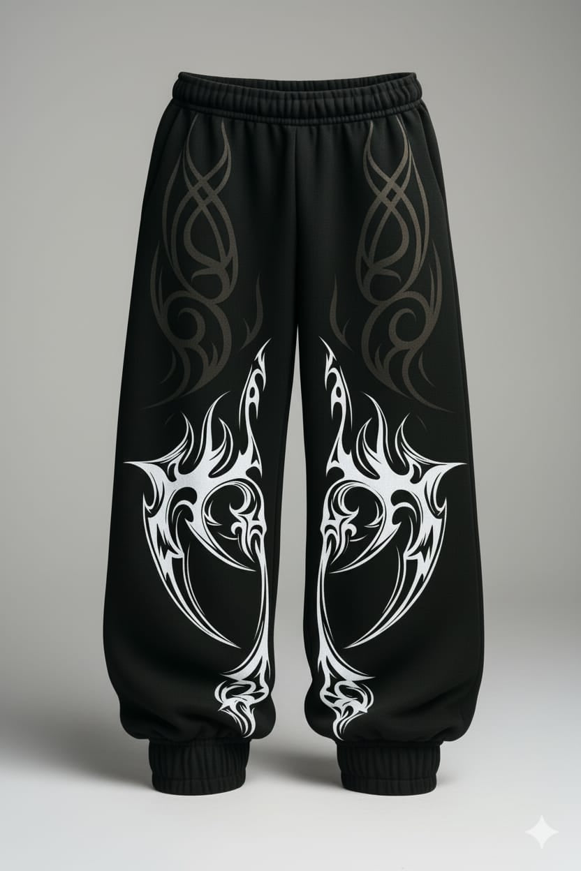 Unisex Black Baggy Fully Flame Veliin Trouser