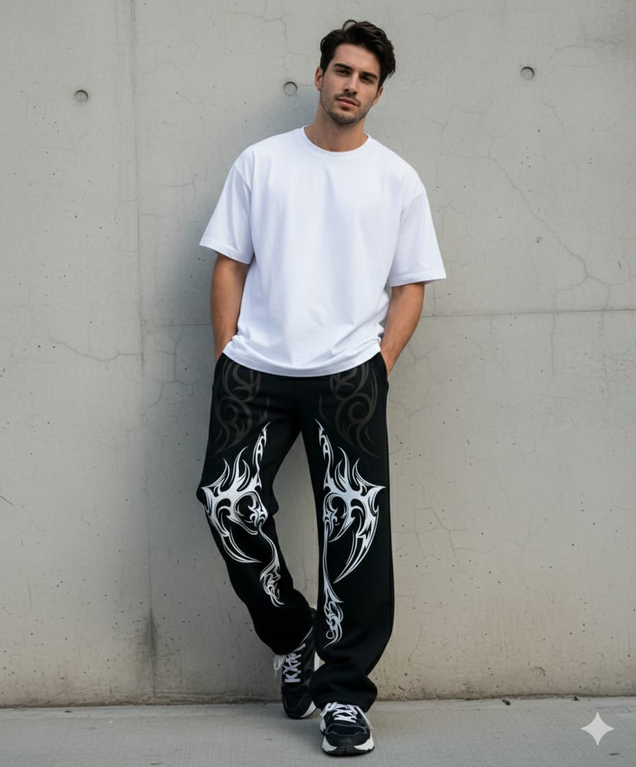 Unisex Black Baggy Fully Flame Veliin Trouser